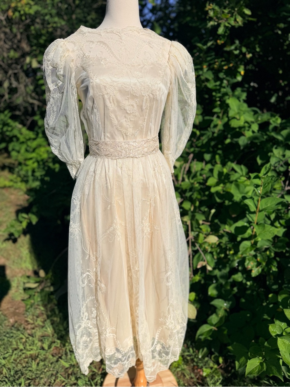 MAGNIFICENT Vintage Elegant Ivory French EmbroideredDress with Puff Sleeves